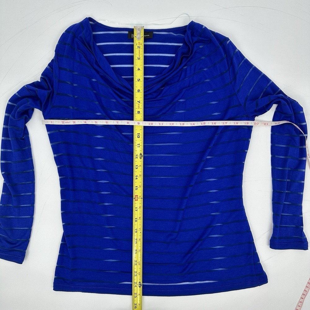 INC Women's Blue Sheer Stripe Cowl Neck Top L Elegant Office Chic Minimalist - Picture 4 of 9